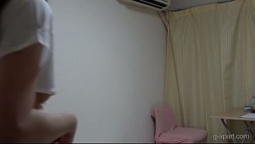 In no bra mini skirt student uniform and thong panties, Natural tits hairy pussy Japanese girl gets naked while doing fitness